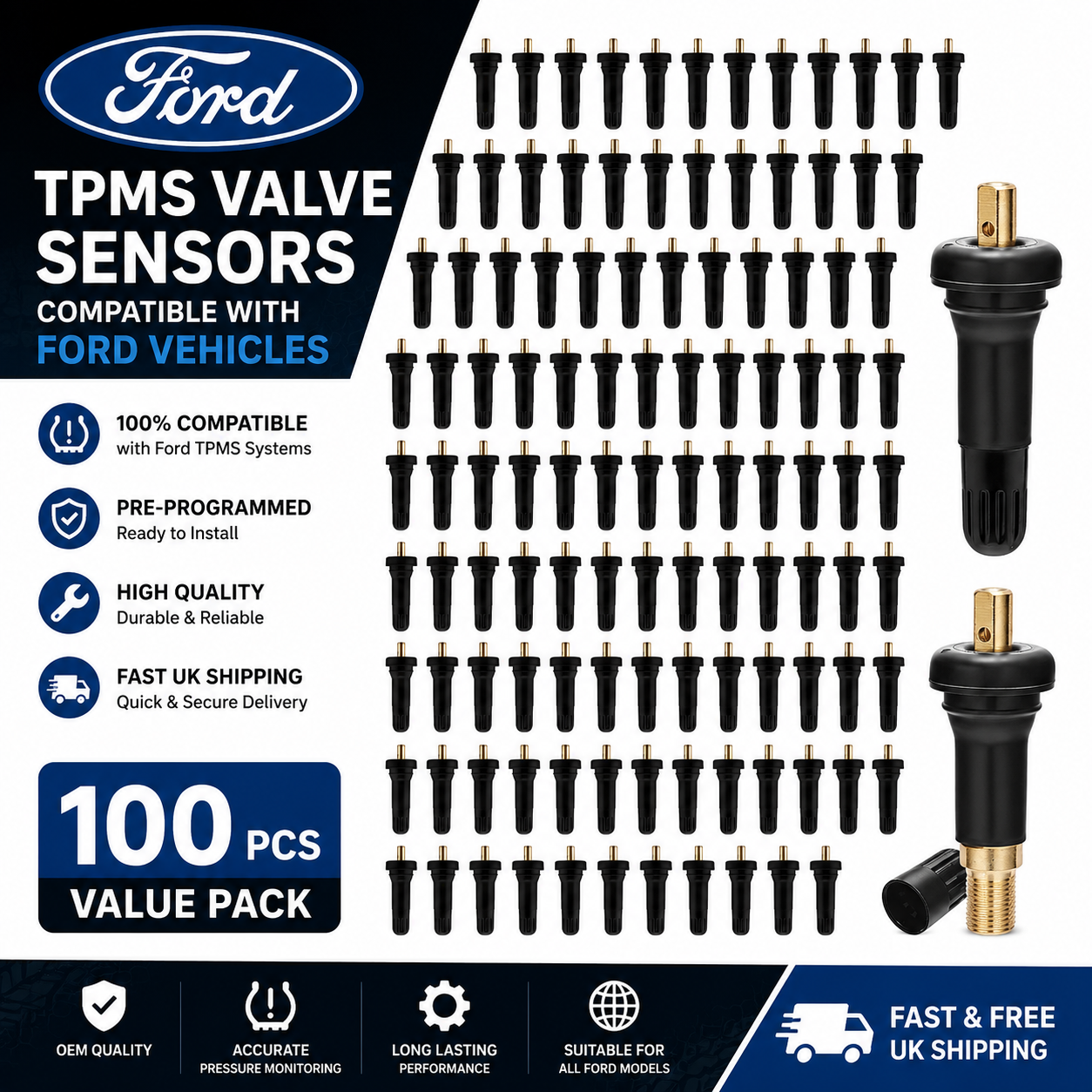 100x TPMS Rubber Valve Stems Compatible with Ford TPMS Sensors Service Kit