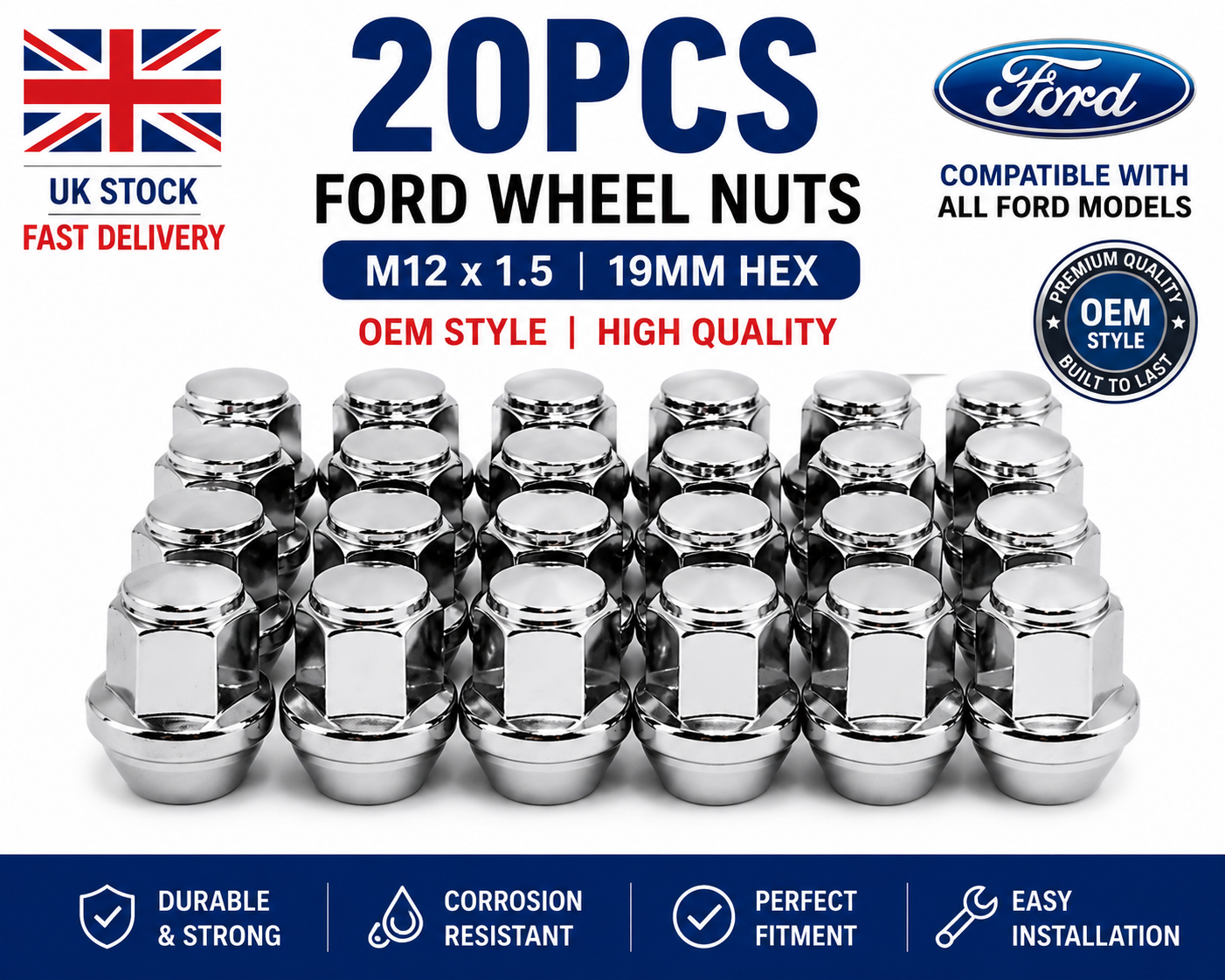 20 X FORD WHEEL NUTS ALLOY FIESTA MK5 MK6 MK7 MK8 M12 X 1.5 19MM OEM STYLE